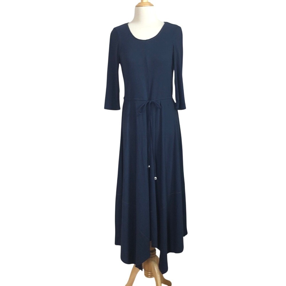 SUPERFOXX Medium Navy 3/4 Sleeve Ribbed Drawstring Waist Flutter Hem Maxi Dress